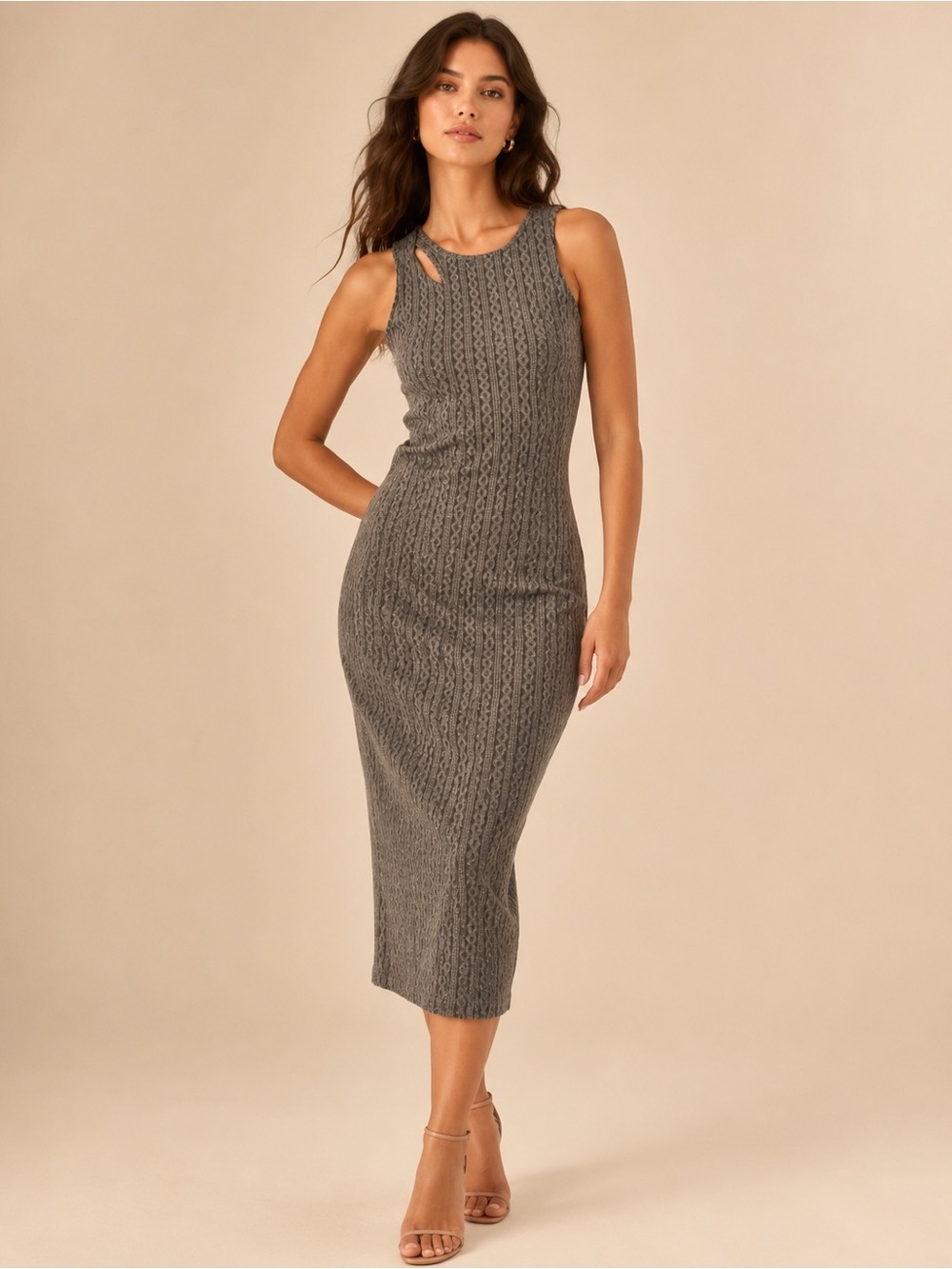 Jack by BB Dakota Sleeveless Gray Cable-Knit Midi Dress with Shoulder Cutout